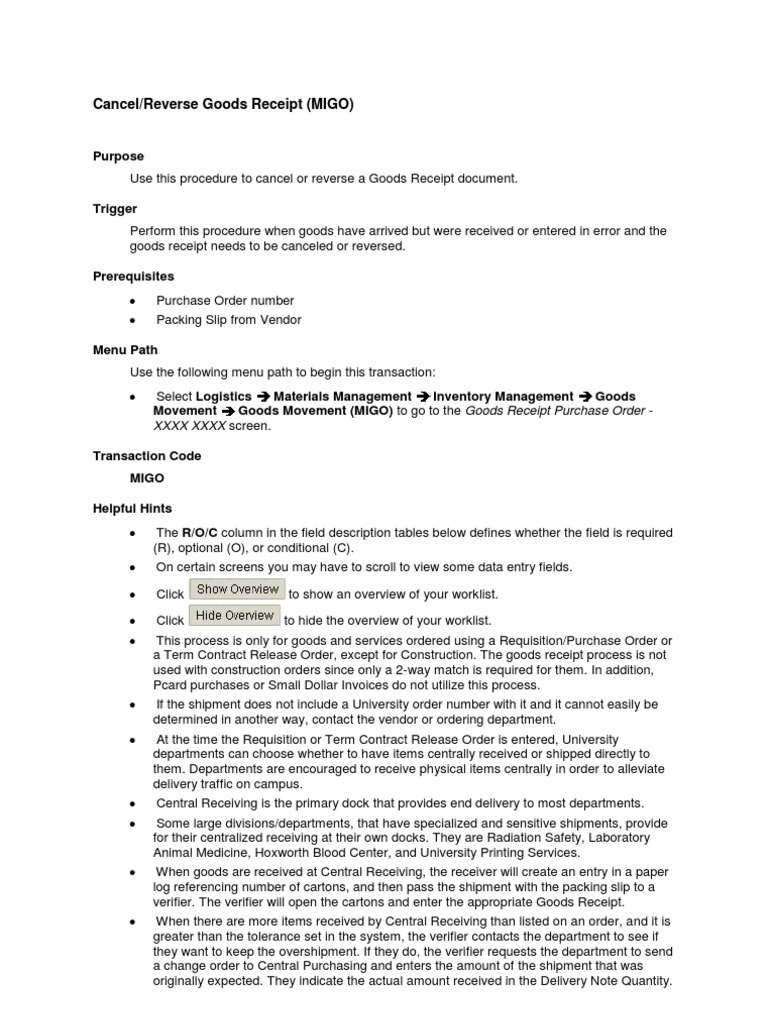 Cancel/Reverse Goods Receipt (MIGO) : Purpose | PDF | Receipt | Business