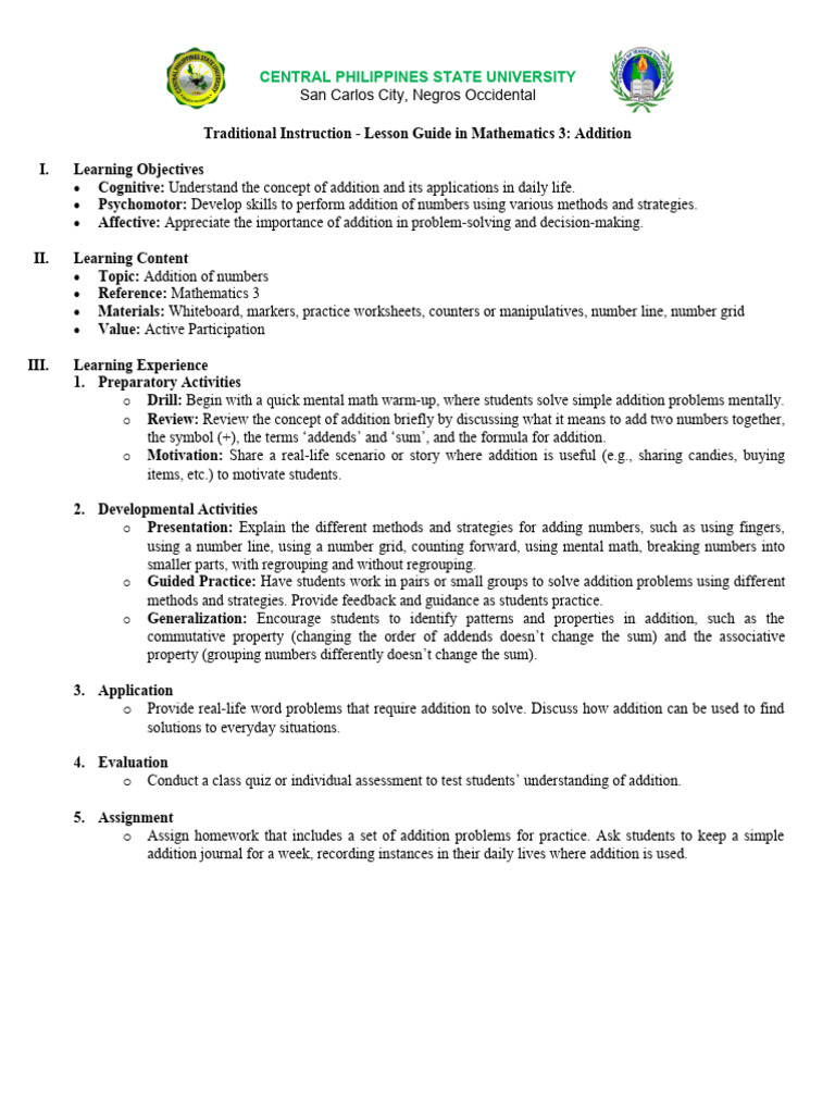 Addition Lesson Guide Pdf