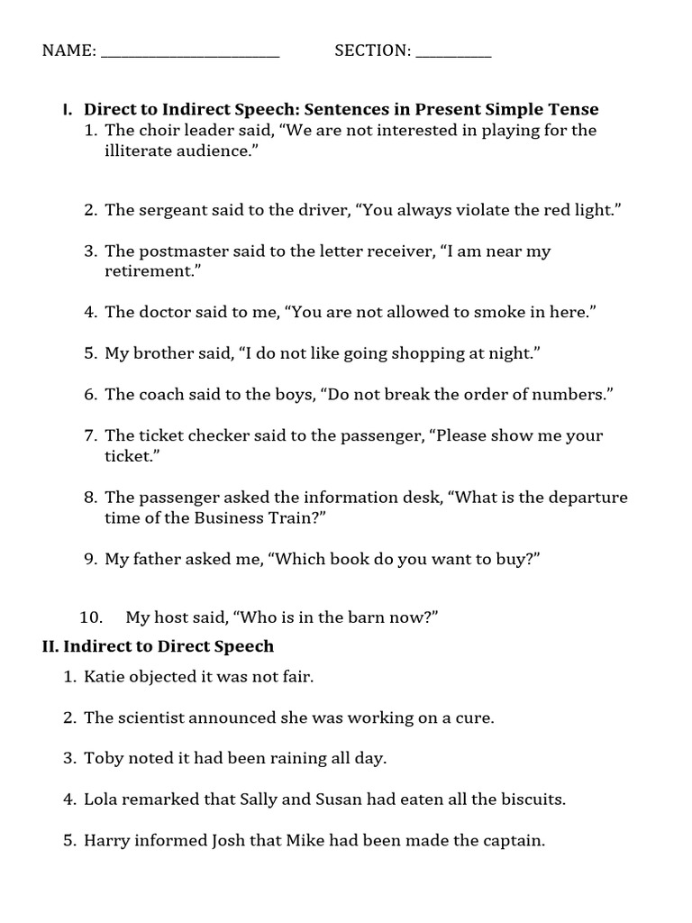 Direct and Indirect Speech Worksheet | PDF