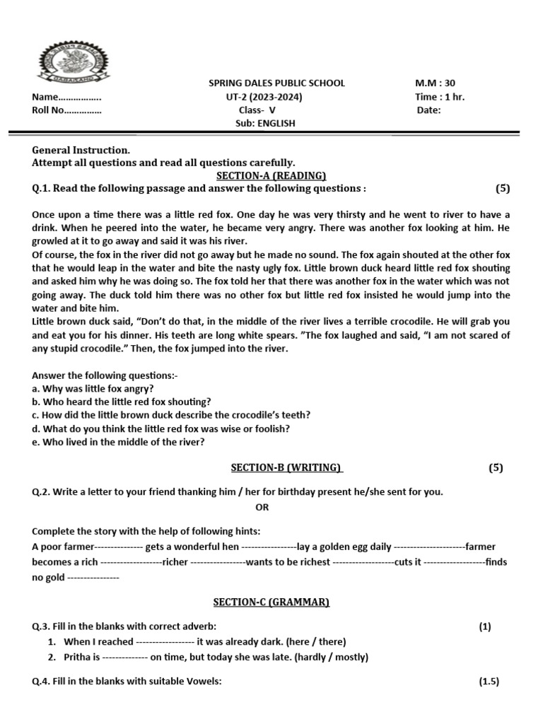 Class V English UT-2 Exam Paper | PDF