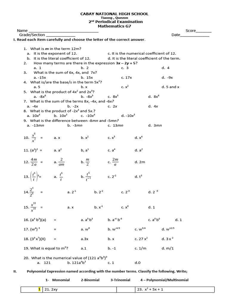 Grade 7 Math Exam: Polynomials & Operations | PDF