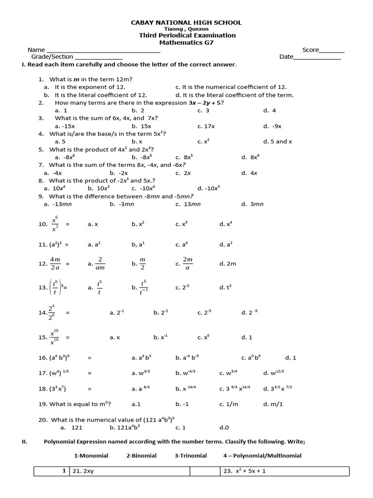 Mathimatics G7 and G10 3nd Periodical | PDF