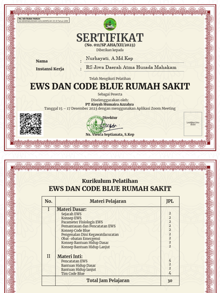 Sertifikat Pelatihan EWS dan Code Blue | PDF