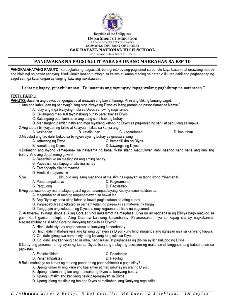 ESP - 3rd Quarter Exam | PDF