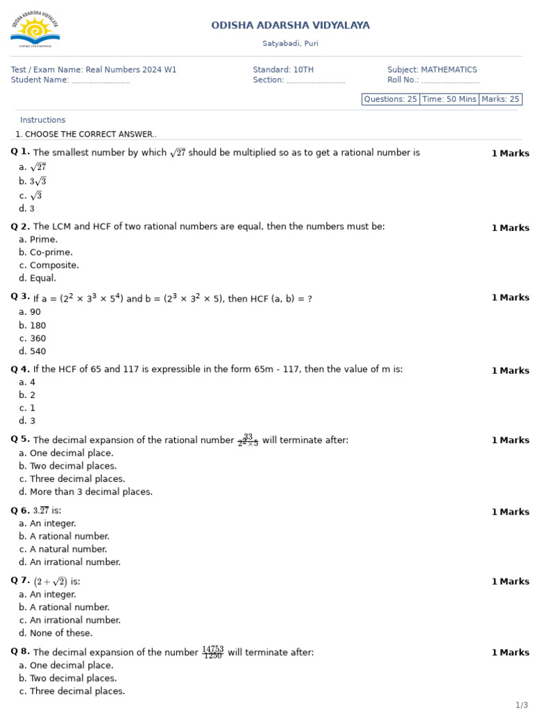 Real Numbers Worksheet 1 | PDF