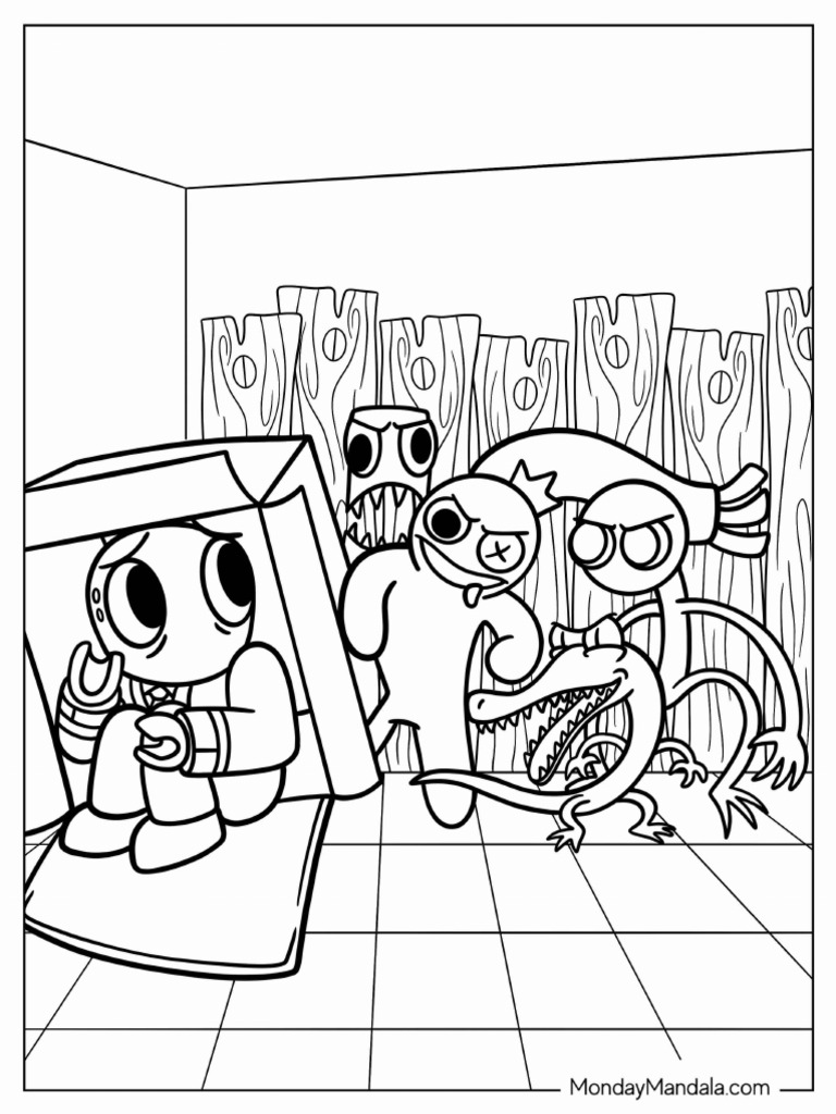Red Friend Hiding From Scary Rainbow Friends Coloring Sheet | PDF