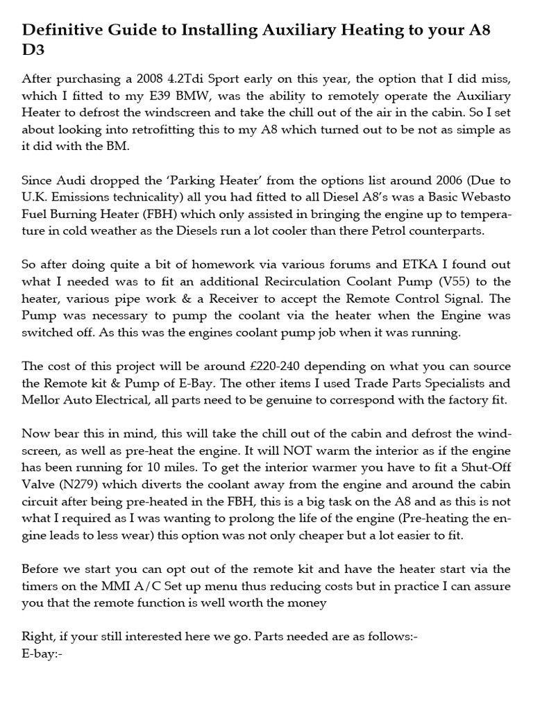 Definitive Guide To Installing Auxiliary Heating To Your A8 D3 PDF