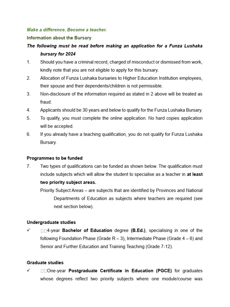 Funza Lushaka Bursary Application Notes 2024 | PDF