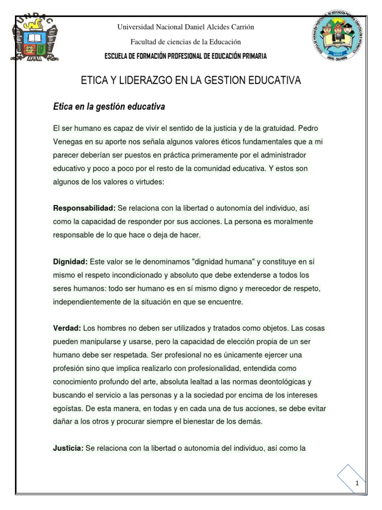 Etica y Liderazgo en La Gestion Educativa | PDF