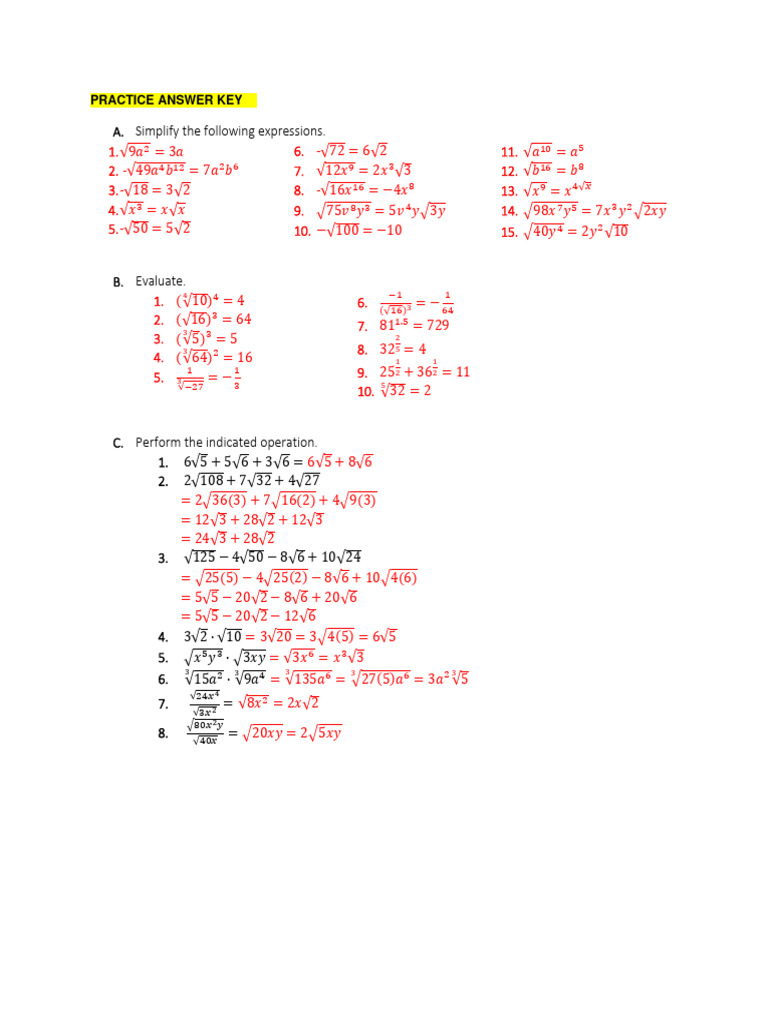Radical Equation Part I Answer Key | PDF image.