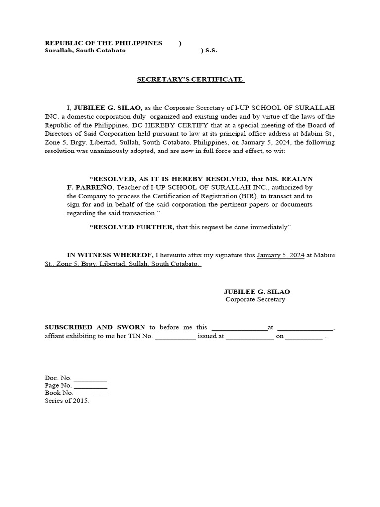 Secretary's Certificate for I-UP School | PDF | Writ Of Prohibition ...