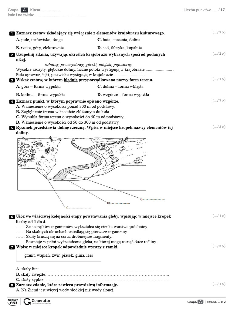 Siła Tarcia Przyroda Klasa 6 Przyroda KL 4 Test Po Rozdziale 7 | PDF