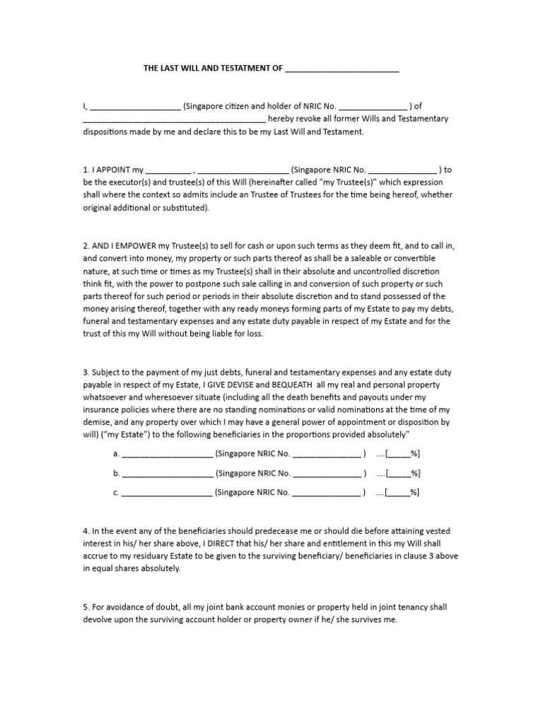 Last Will and Testament Template Singapore | PDF | Law