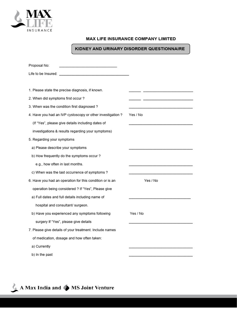 Kidney and Urinary Disorder Questionnaire | PDF | Medical Specialties ...