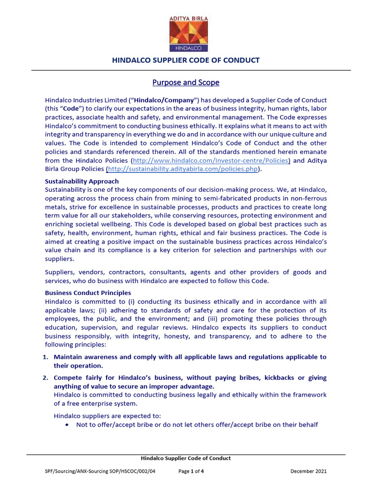 SUPPLIER CODE OF CONDUCT intelligence overview