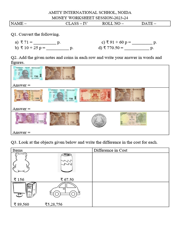 Class 4 Maths Money Worksheet 2023-24 | PDF | Finance & Money Management