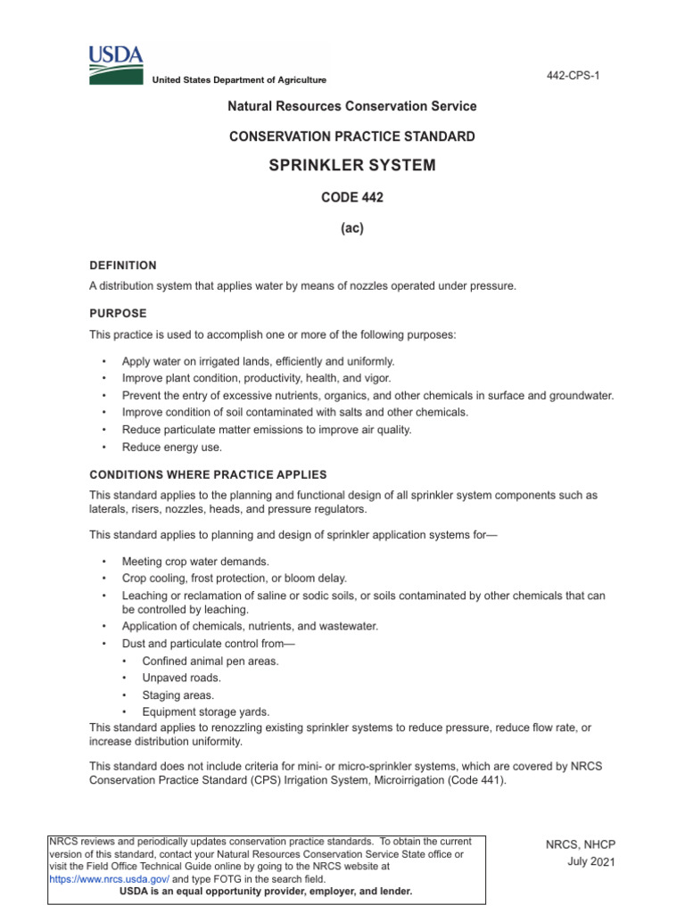USDA Sprinkler System Standard 442 | PDF | Irrigation | Water