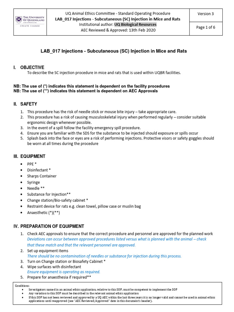 Subcutaneous Injection SOP for Rodents | PDF | Injection (Medicine ...