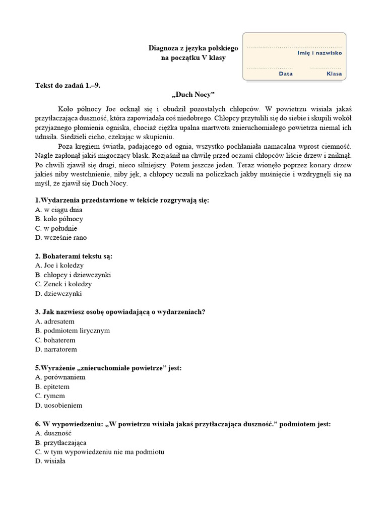 Diagnoza Z Polskiego Klasa 4 Diagnoza Dla Klasy V Początek Roku | PDF