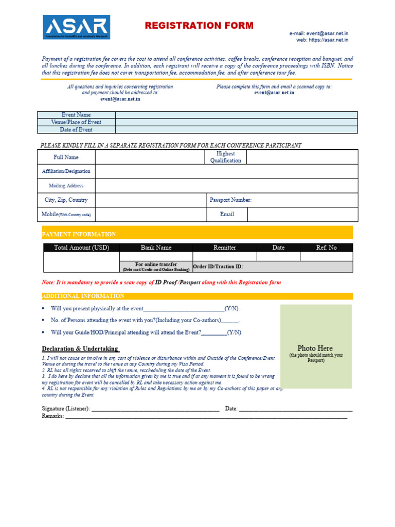 ASAR Conference Registration Form | PDF | Credit Card | Fee