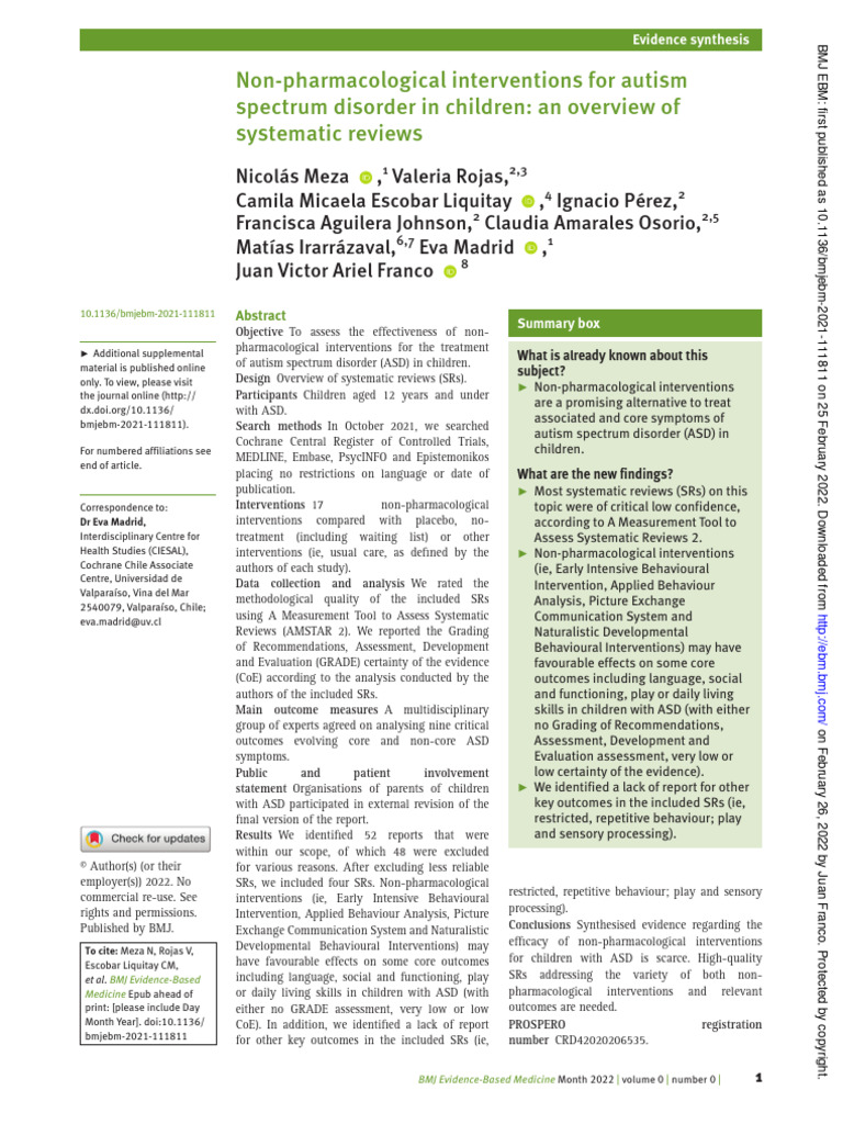 Non Pharmacological Interventions For Autism 2022 | PDF
