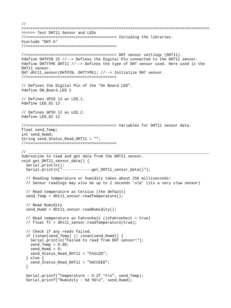 Arduino Code Test DHT11 Sensor and LEDs | PDF image.