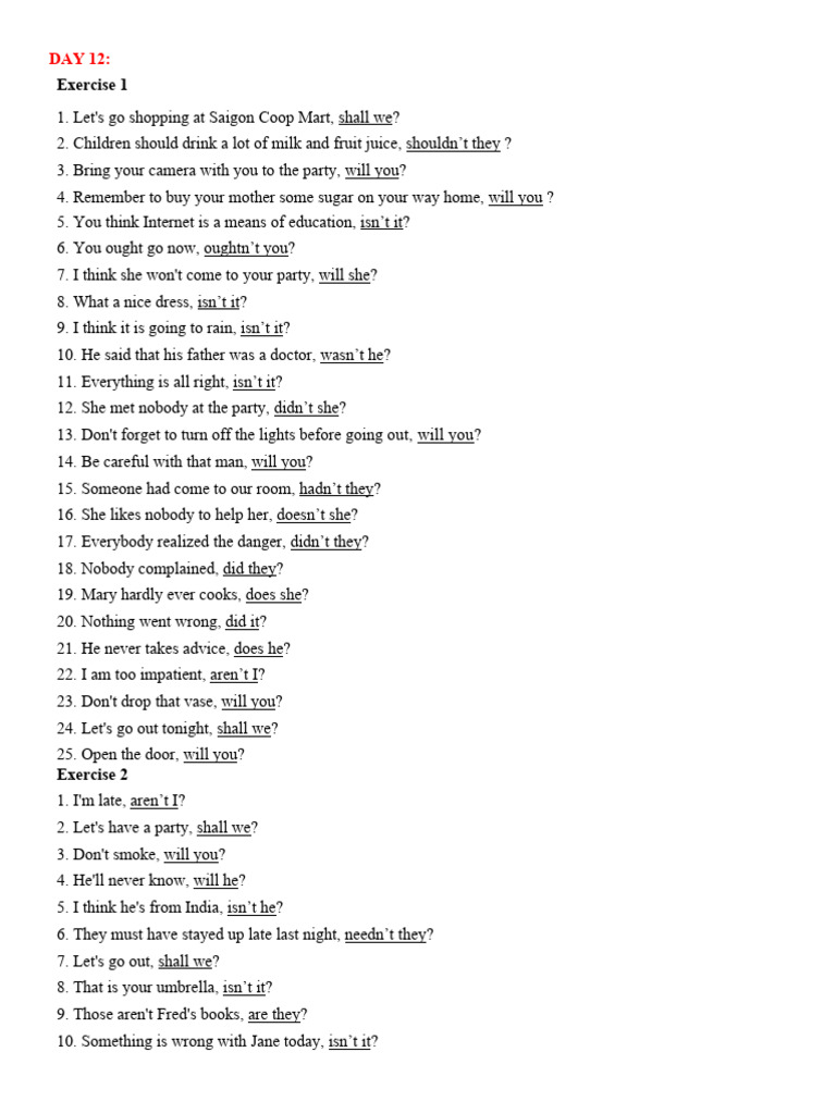 English Tag Question Exercises | PDF