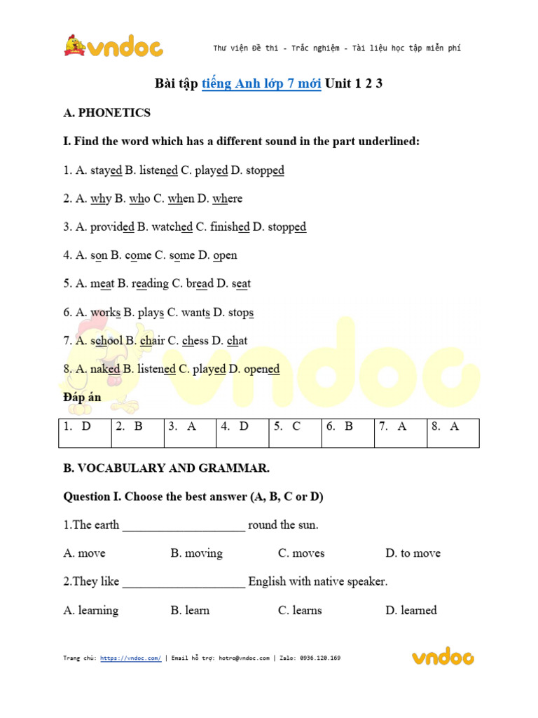 1.bai Tap Tieng Anh Lop 7 Thi Diem Unit 1 2 3 | PDF
