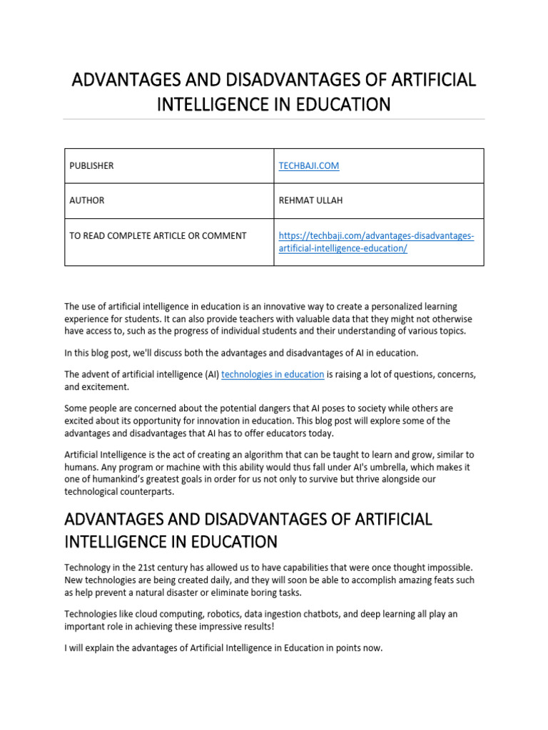 THE USE OF ARTIFICIAL INTELLIGENCE IN EDUCATION ADVANTAGES AND DISADVANTAGES intelligence overview