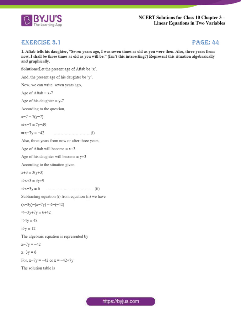 Linear Equations Solutions for Class 10 | PDF