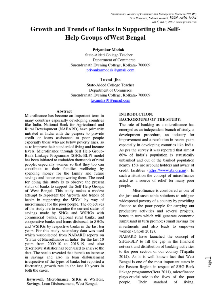 Growth and trends of banks in supporting the self help groups of west