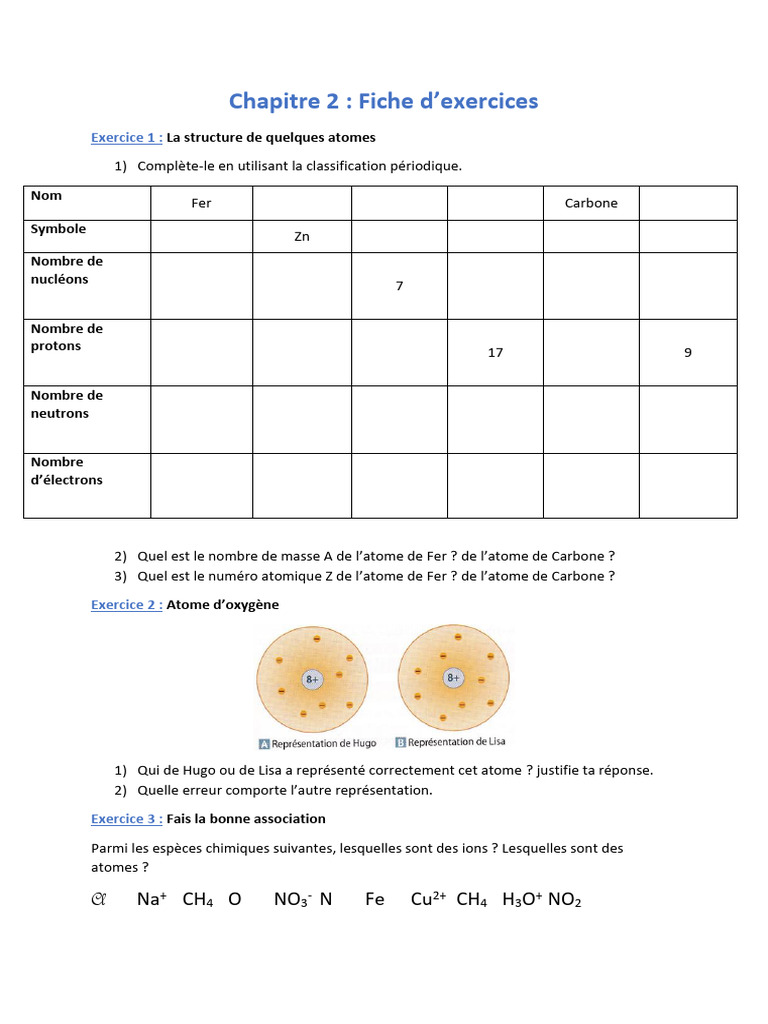 Exercices sur atomes et ions 3ème | PDF | Ion | Atomes