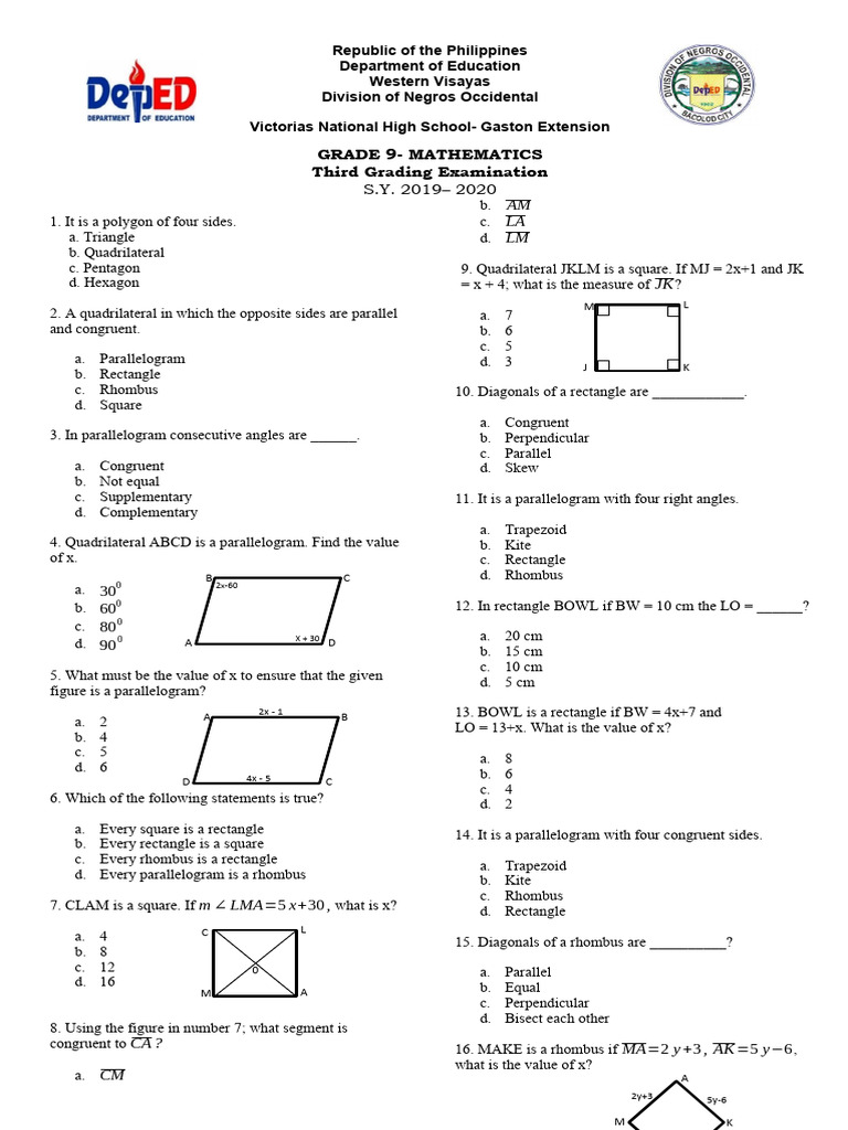 Grade 9 Mathematics Q 3 SY 18-19 EXAM | PDF