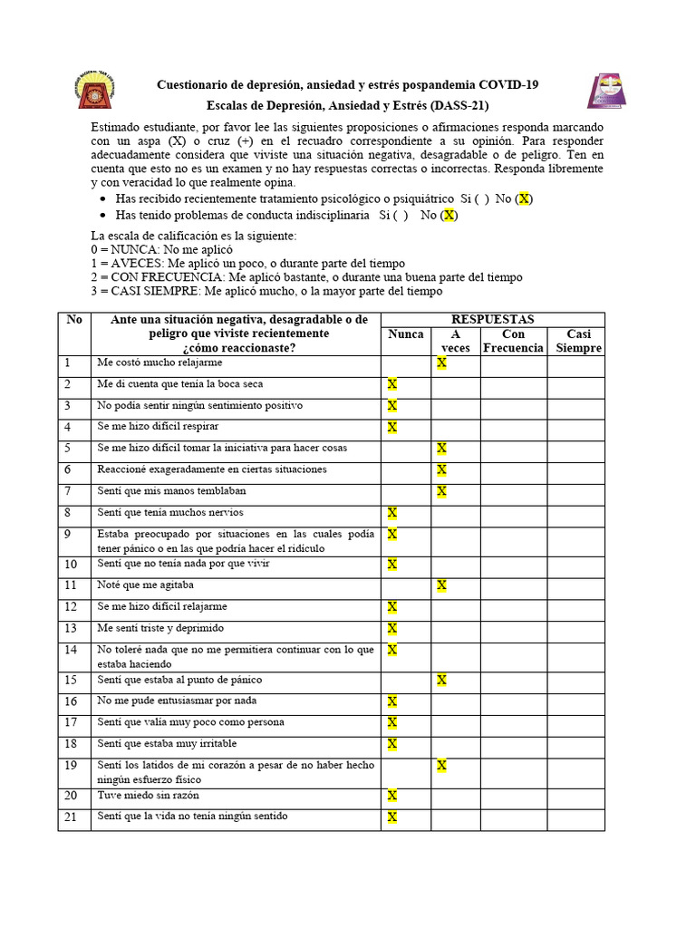 Cuestionario DASS-21 y Escala de Esperanza | PDF | Ansiedad | Depresión ...