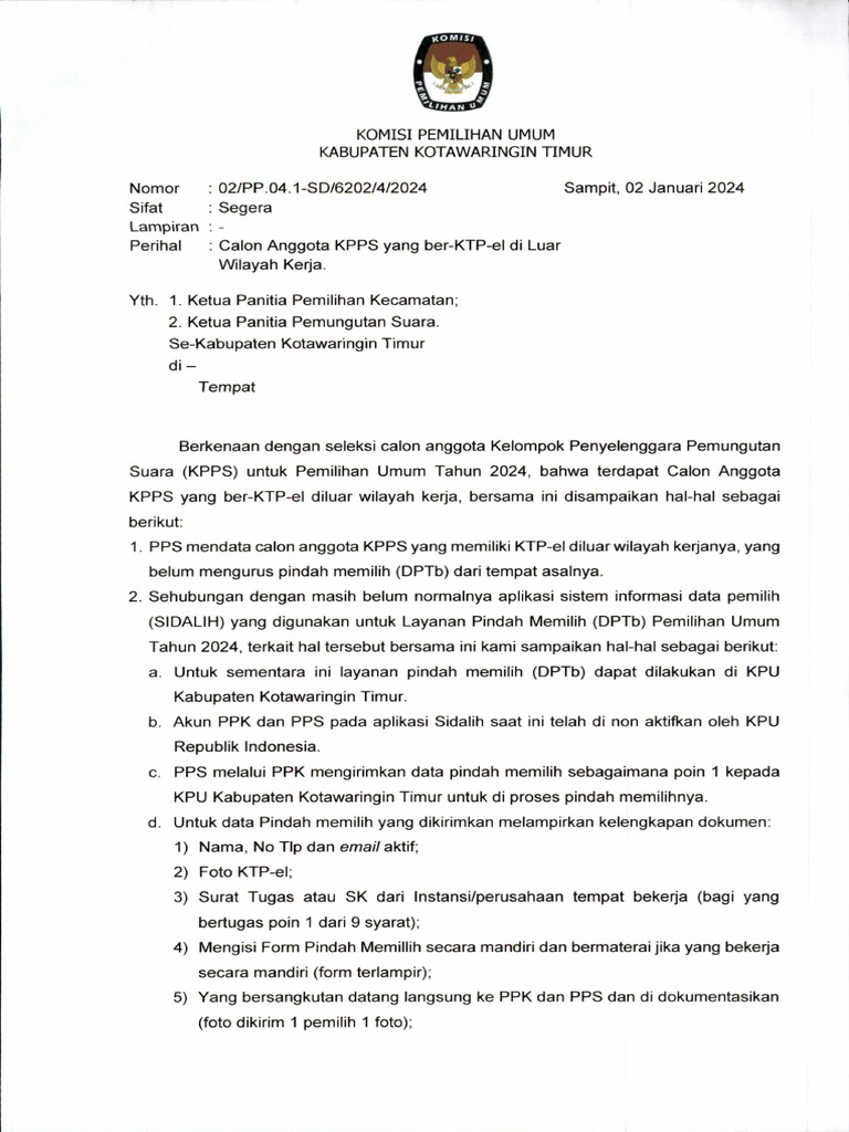Surat Calon Anggota Kpps Yang Ber-KTP-el Diluar Wilayah Kerja - Cap | PDF