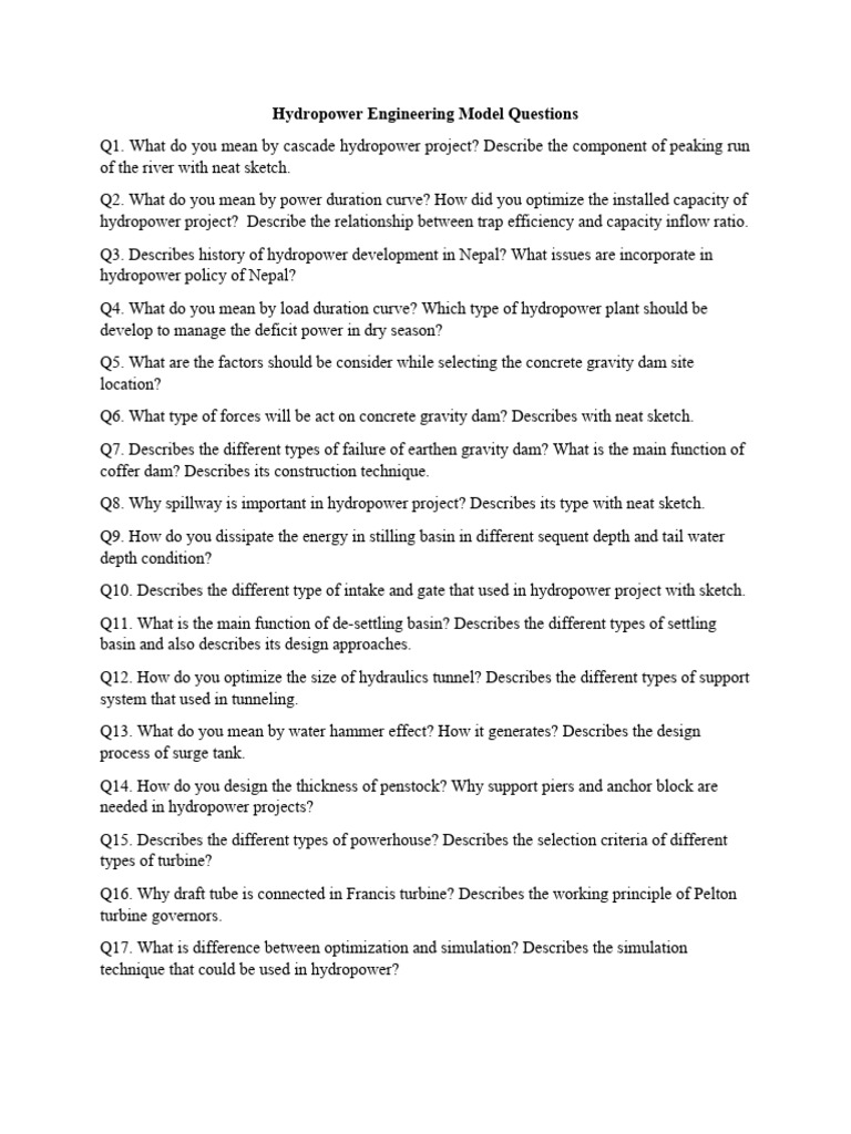 Hydropower Engineering Exam Questions | PDF | Spillway | Hydroelectricity