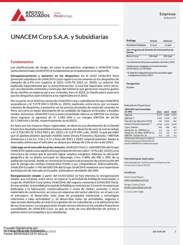 Clasificación de UNACEM Corp - Mayo 2023 | PDF | Tecnología