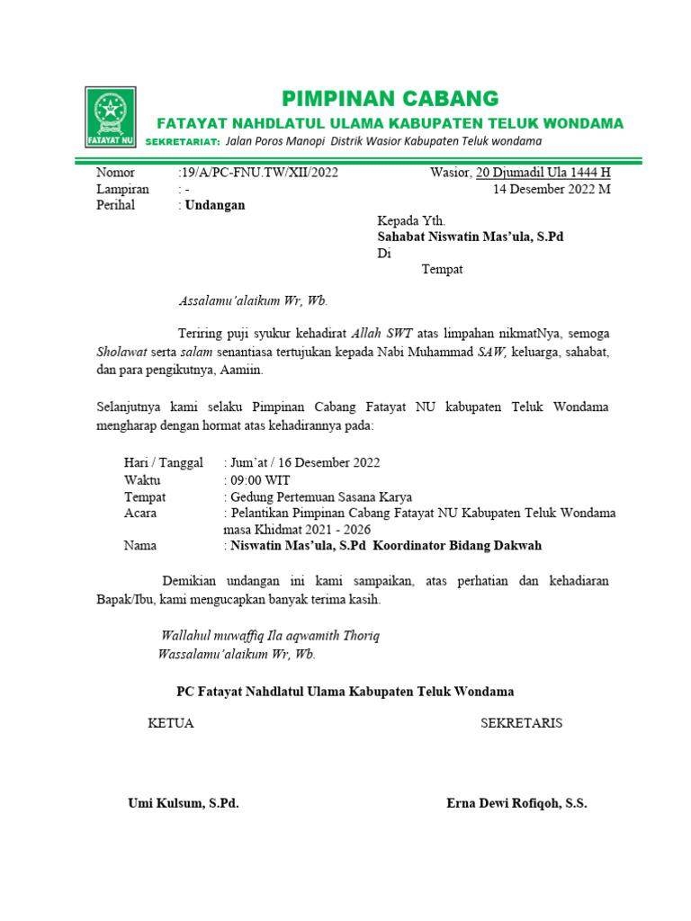 Surat Undangan Pengurus Fatayat Nu New | PDF