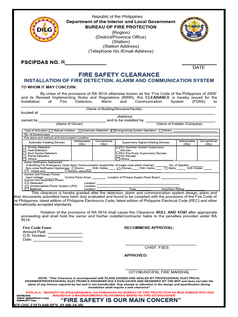 FSED 48F Fire Safety Clearance For Installation of Fire Detection Alarm Communication System