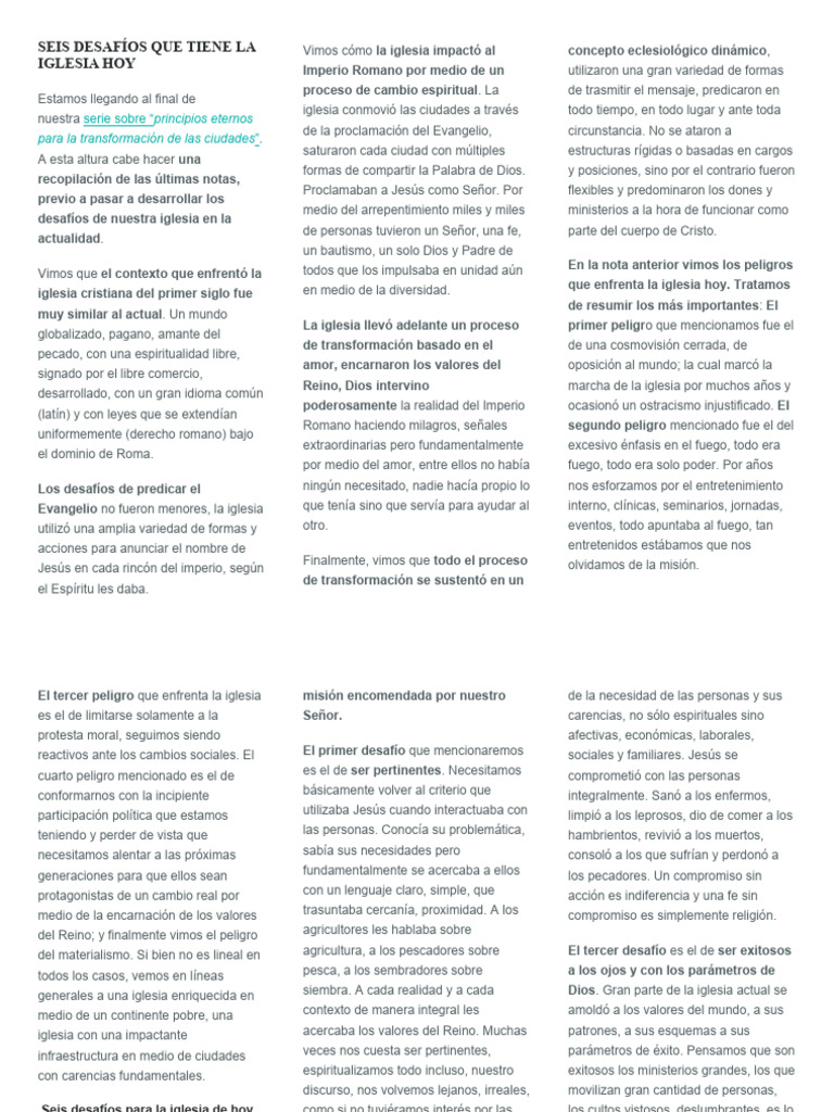 MENSAJE - SEIS DESAFIOS QUE TIENE LA IGLESIA DE HOY | PDF | Iglesia ...