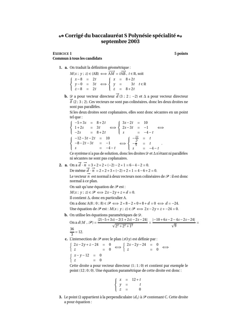 Corrigé Bac S Polynésie Sept 2003 | PDF