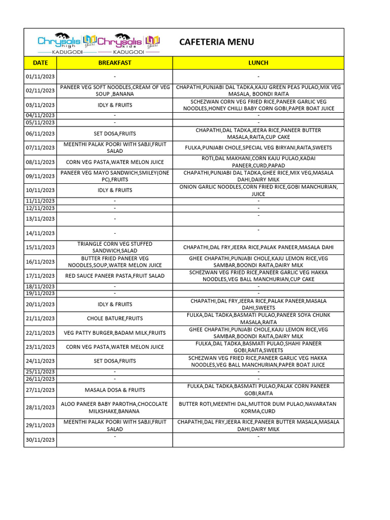 Menu For The Month of November 2023 0 | Download Free PDF | Lunch