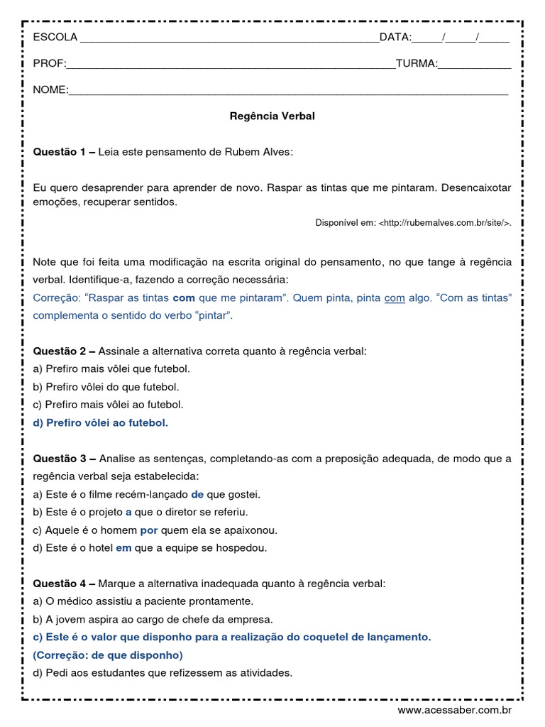 Exercícios de Regência Verbal 8º Ano | PDF