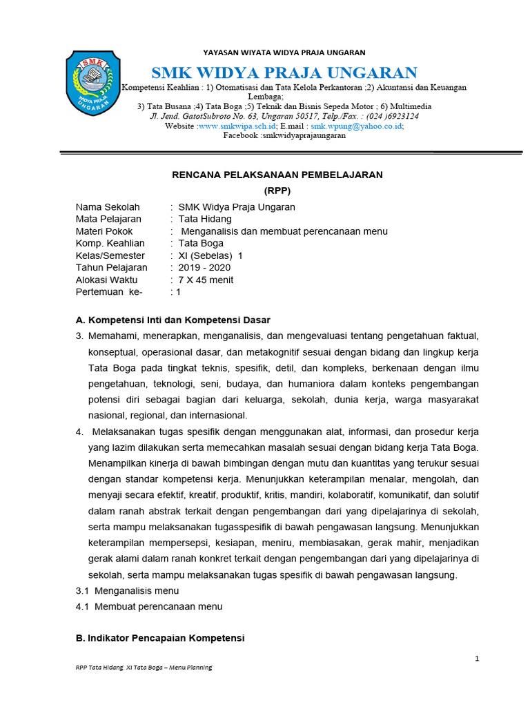 RPP 1 TH Menganalisis Menu XI KUL 2019-2020 | PDF