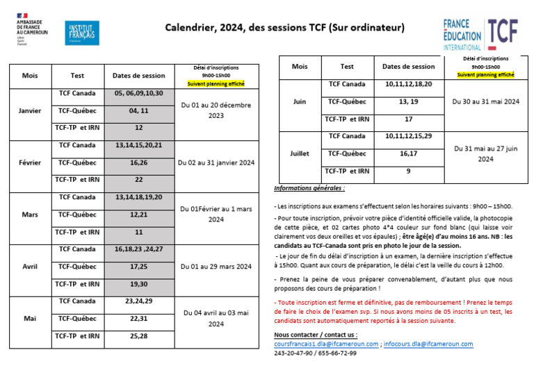 Calendrier TCF Dé But 2024 PDF