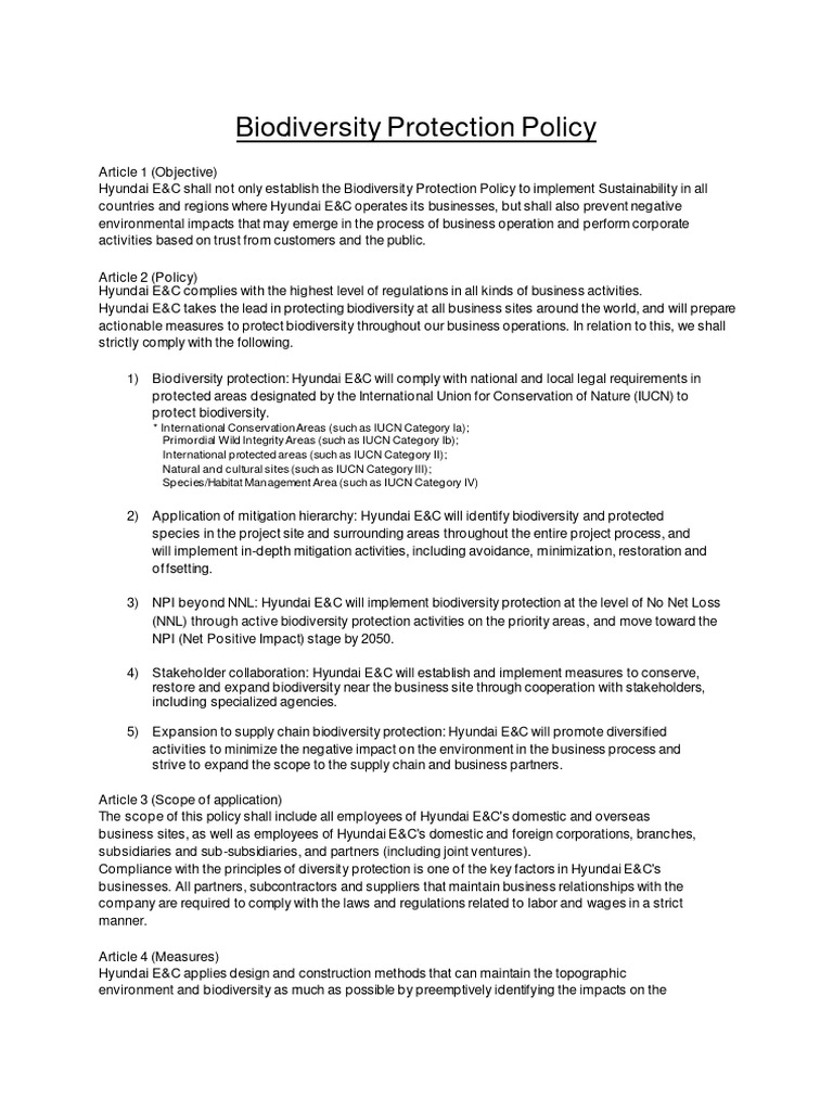 Hyundai E&C Biodiversity Protection Policy | PDF