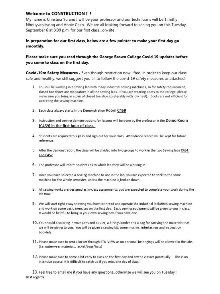 Fash 1117 Fall 2022 Information For Students On First Day of Course | PDF