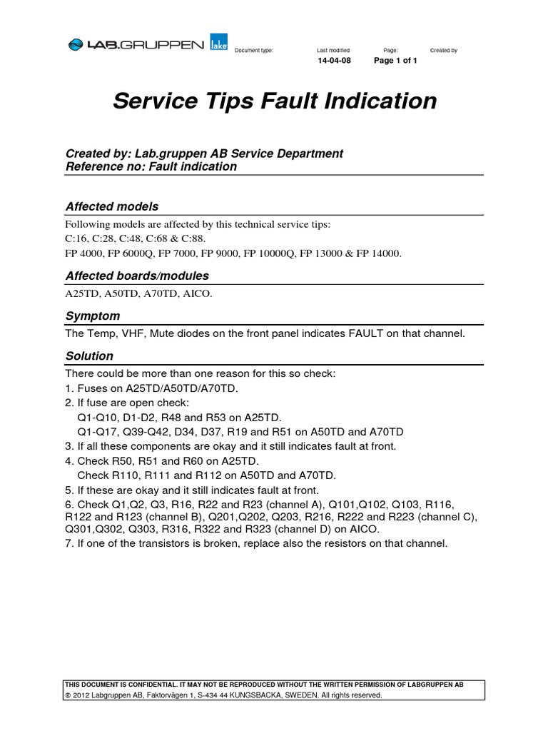 Lab Gruppen Fault Indication Guide | PDF