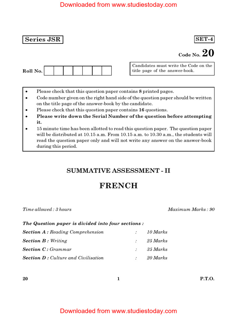 CBSE Class 10 French Question Paper SA2 2016 PDF