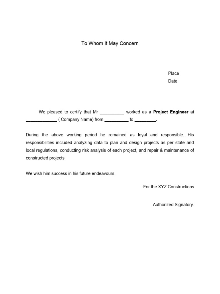 Project Engineer Experience Certificate Format PDF